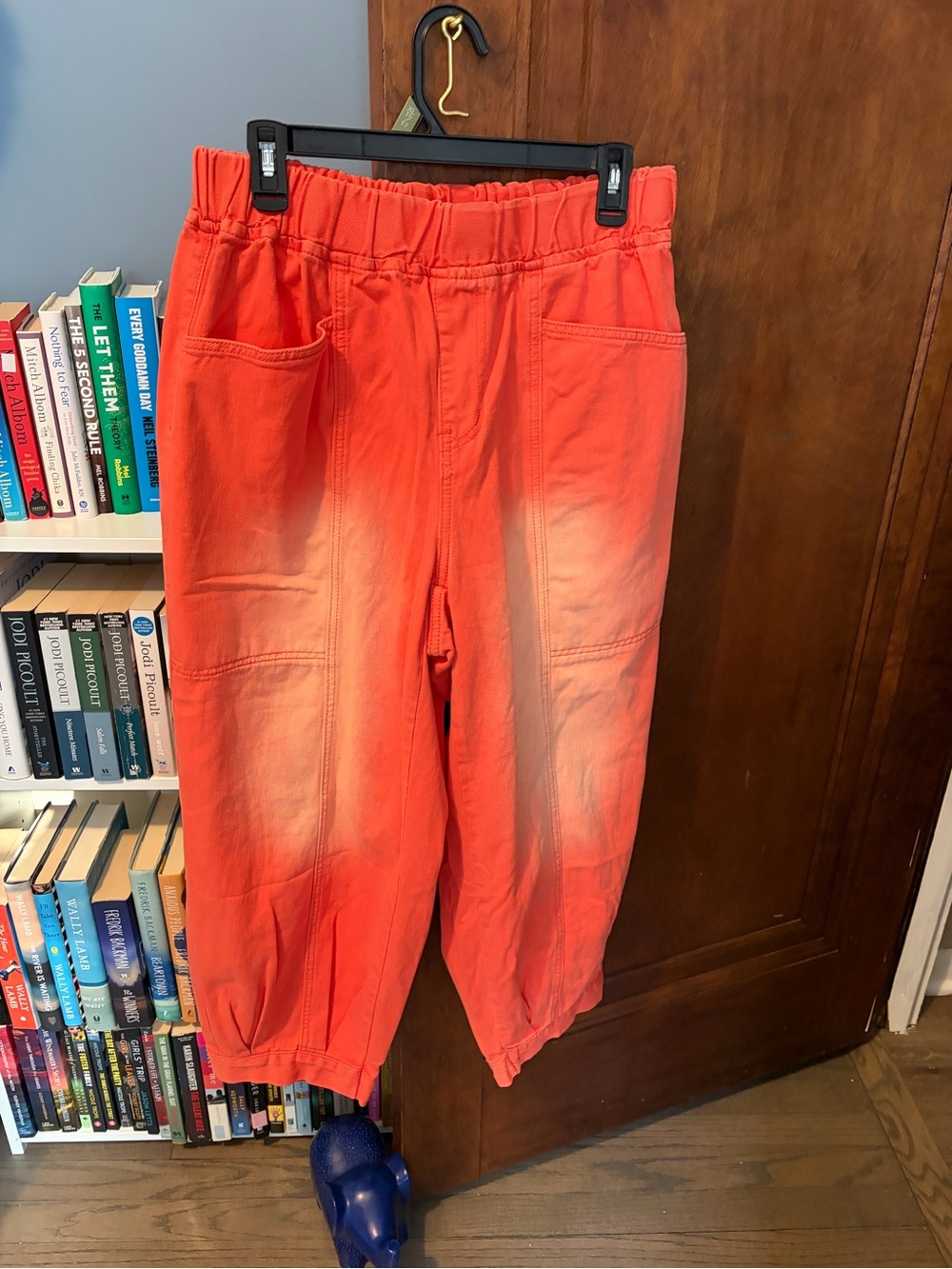 Women's Ankle, Elastic Waist, Orange Denim Pants - With pockets
